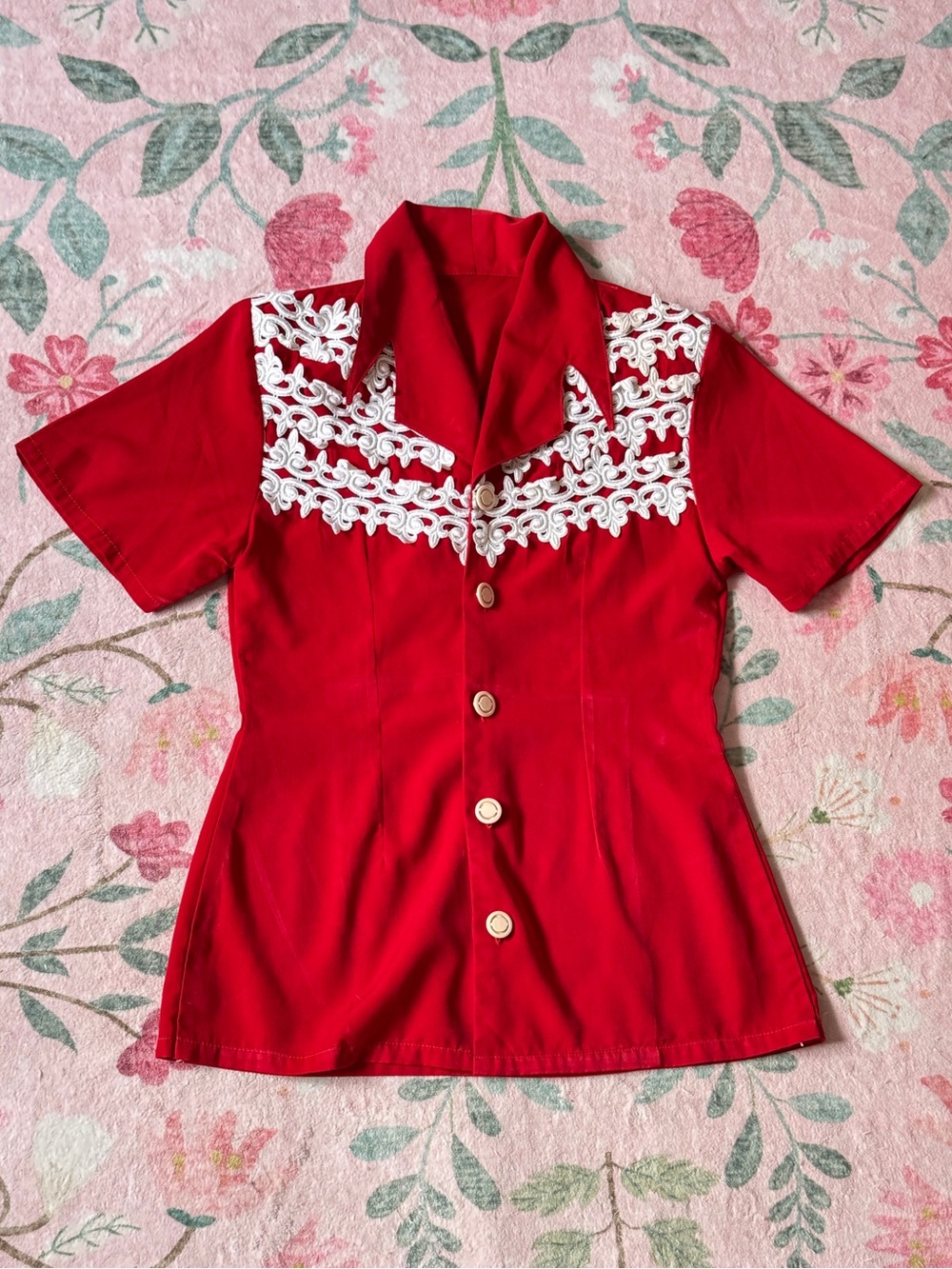 Vintage Red Western Shirt White Soutache Trim Dolly Parton Cowgirl Top